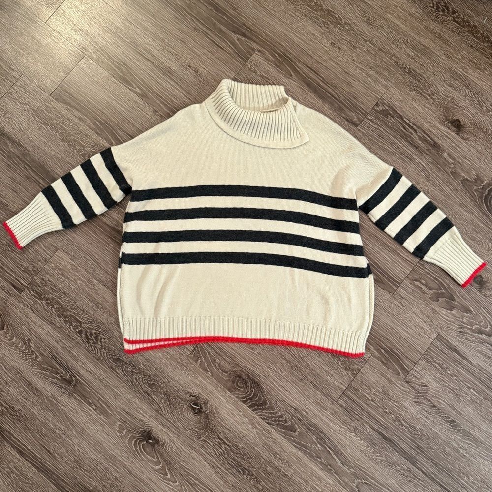 Mersea Marina striped tunic sweater in a black and white stripe with red trim
